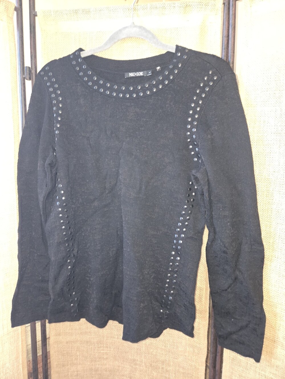 Nic & Zoe Black Burnout Crewneck Sweater Stud Trim Large Punk Goth Soft Large